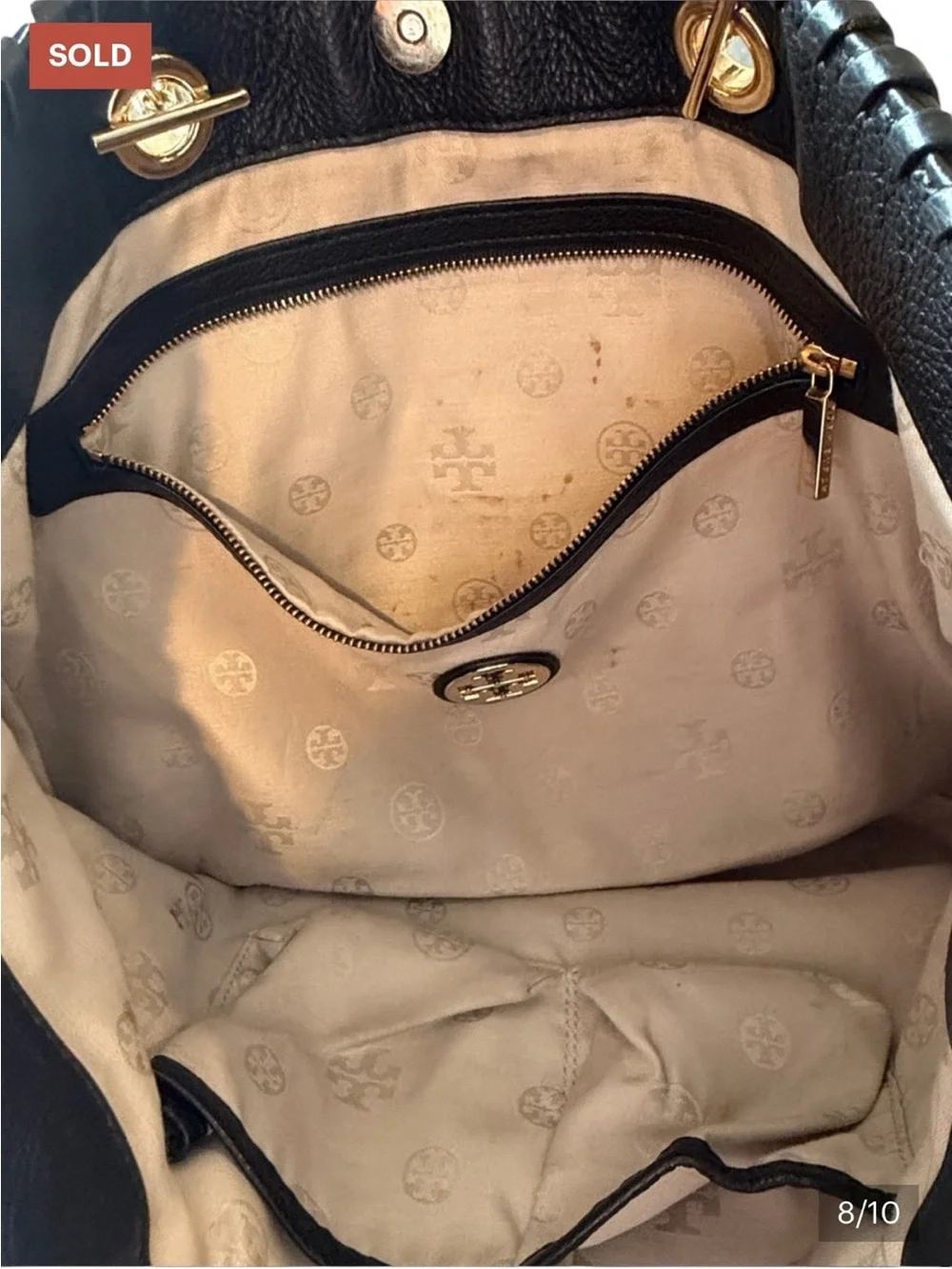 Tory Burch Black Leather Marion Chain-Handle Tote with Logo Medallion